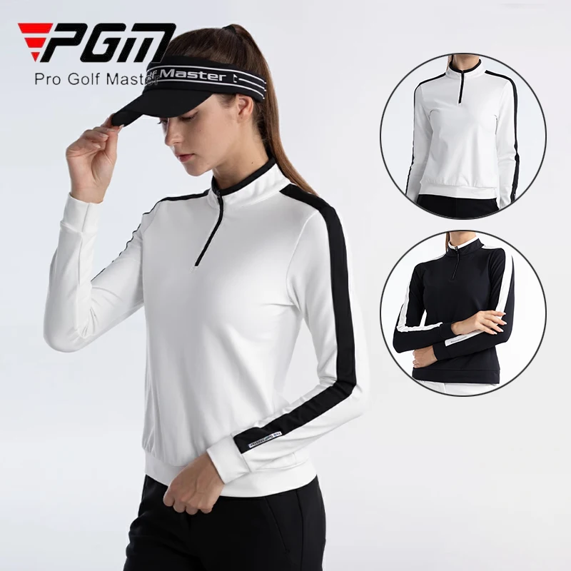 

PGM Women Zipper Stand Collar Golf T-shirt Ladies Slim Patchwork Workout Tops Female Sweat Absorption Outdoor Shirt Golf Blouse