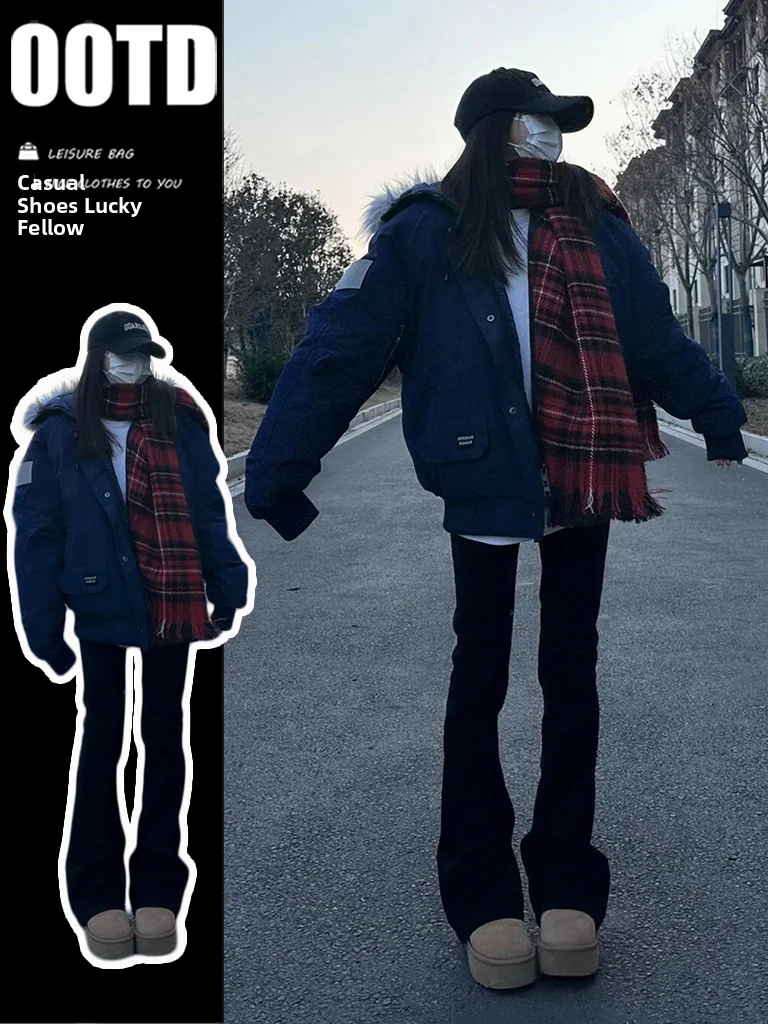 

Прохладная корейская женская рабочая одежда, парка, пальто k, синяя хлопковая куртка с капюшоном на молнии, зимняя верхняя одежда Thiened