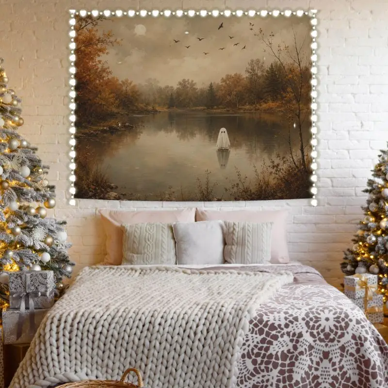 VIKAMA Vintage Oil Painting Ghost Lake Autumn Wall Tapestry Halloween Spooky Spirit Moon Bird Fall Forest Water Scenery Bedroom