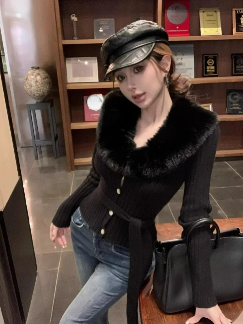 

Fur Collar Long Sleeved Knitted Cardigan Women's Autumn Tied And Slim Fit Sweater Versatile Elegant Top