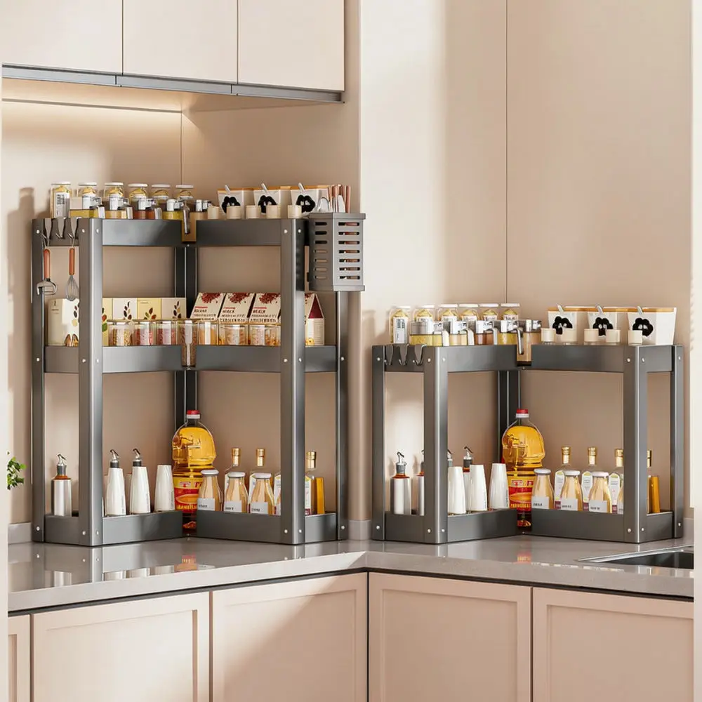 Carbon Steel Kitchen Corner Shelf Spice Storage Organizer Countertop Rack Punch Free Space Saving Holder
