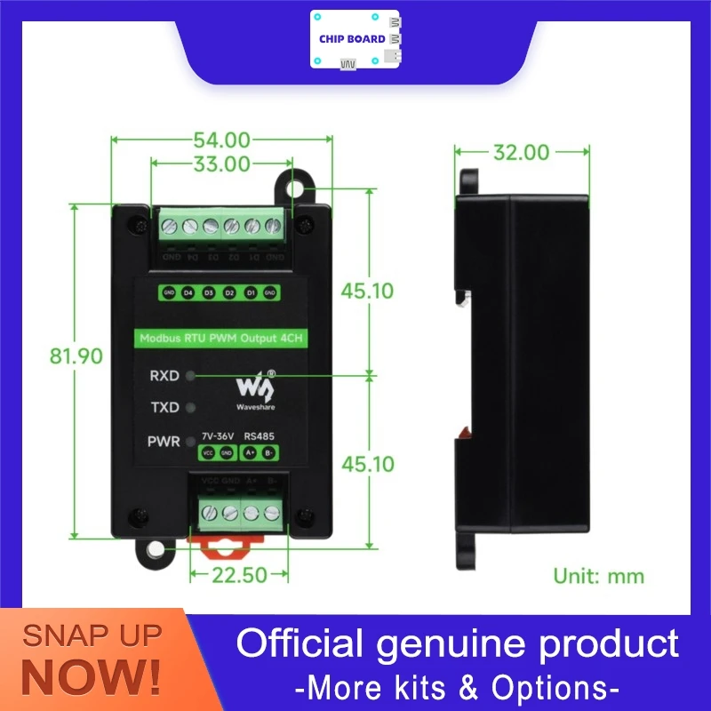 

Waveshare Industrial 4CH PWM Output Module RS485 Modbus RTU Isolated Controller Adjustable Freq Duty Cycle Board