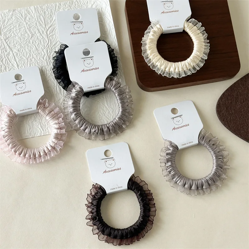 Gentle Color Elastic Hair Bands High Grade Satin Pleated Small Intestine Ring Hair Rope Double Pack For Two Ponytail Rubber Band