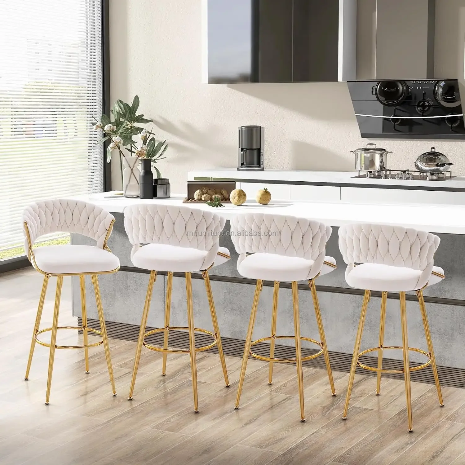 Modern Velvet Bar Stool Bar Height Stools with Woven Backrest & Gold Legs Upholstered Kitchen Stools  Bar Chairs with Footrest