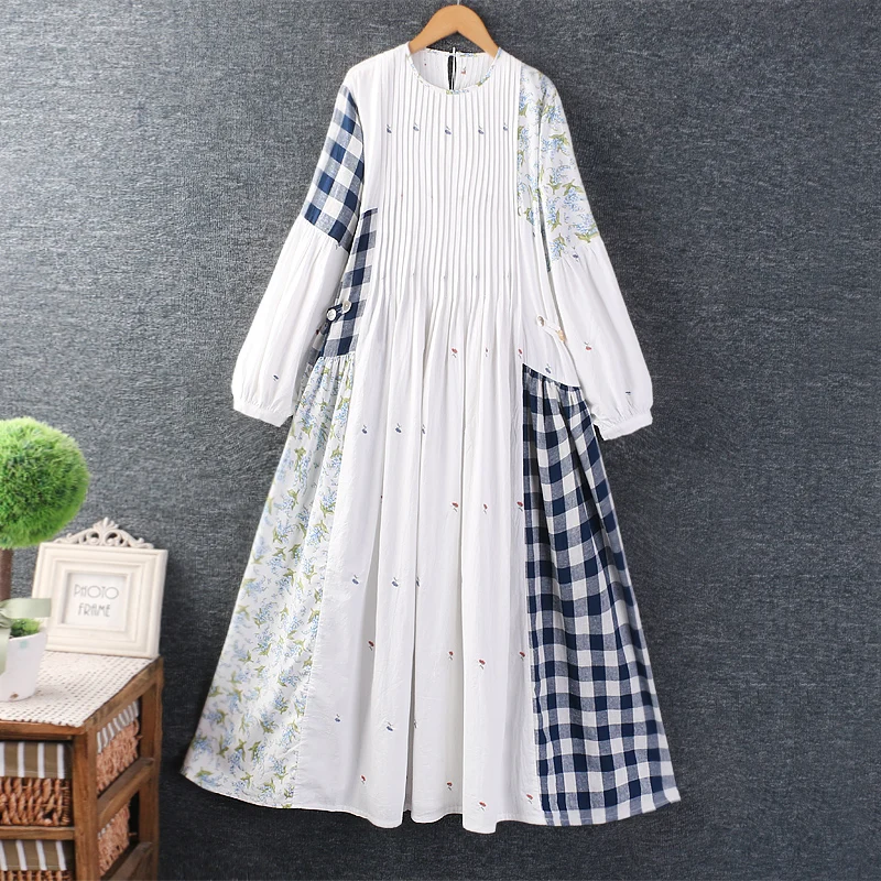 Autumn New Sweet Round Neck Floral Plaid Dress Women Long Sleeve Midi Dress DD8370