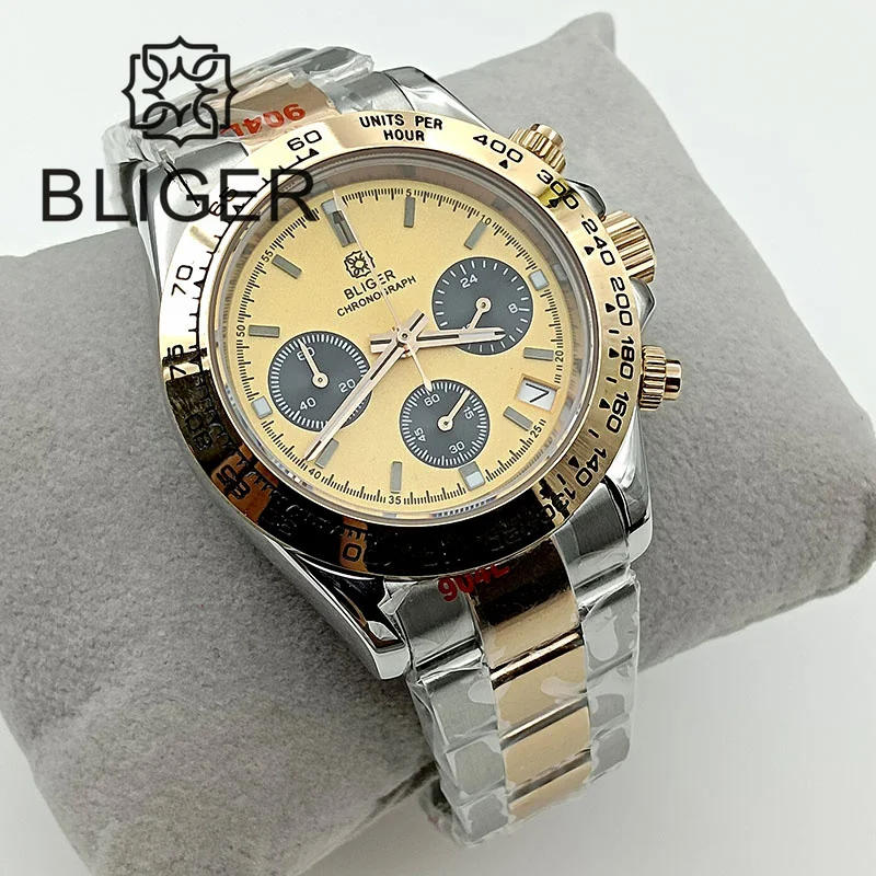 BLIGER 39mm Luxury Fashion Men Watch VK63 Movement Quartz Chronograph Rose Gold Case Bracelet Sapphire Glass Yellow Dial Reloj