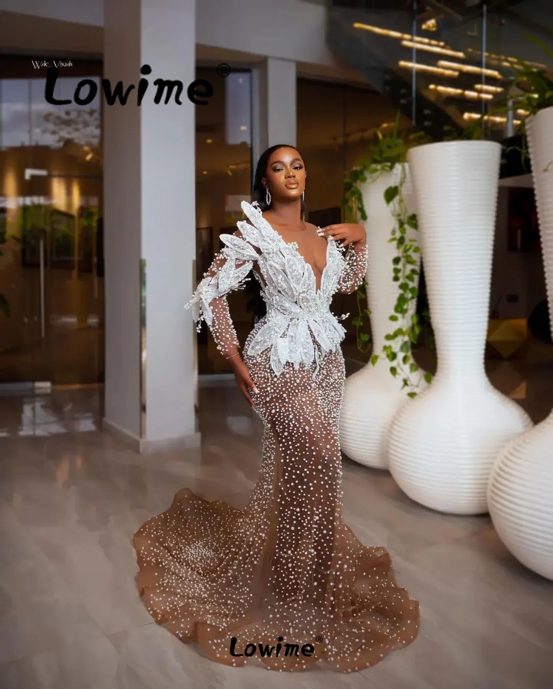 Dark Brown Mermaid Long Sleeves Evening Dresses Arabic African Engagement Gowns Mermaid Full Pearls Beading Prom Party Dresses