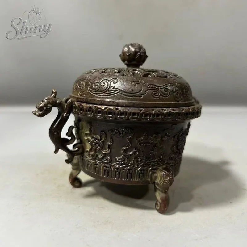 Vintage Auspicious Eight Treasures and Sacred Beast Incense Burner with Two Handles, Three Legs, and Lid - Home Decor Piece