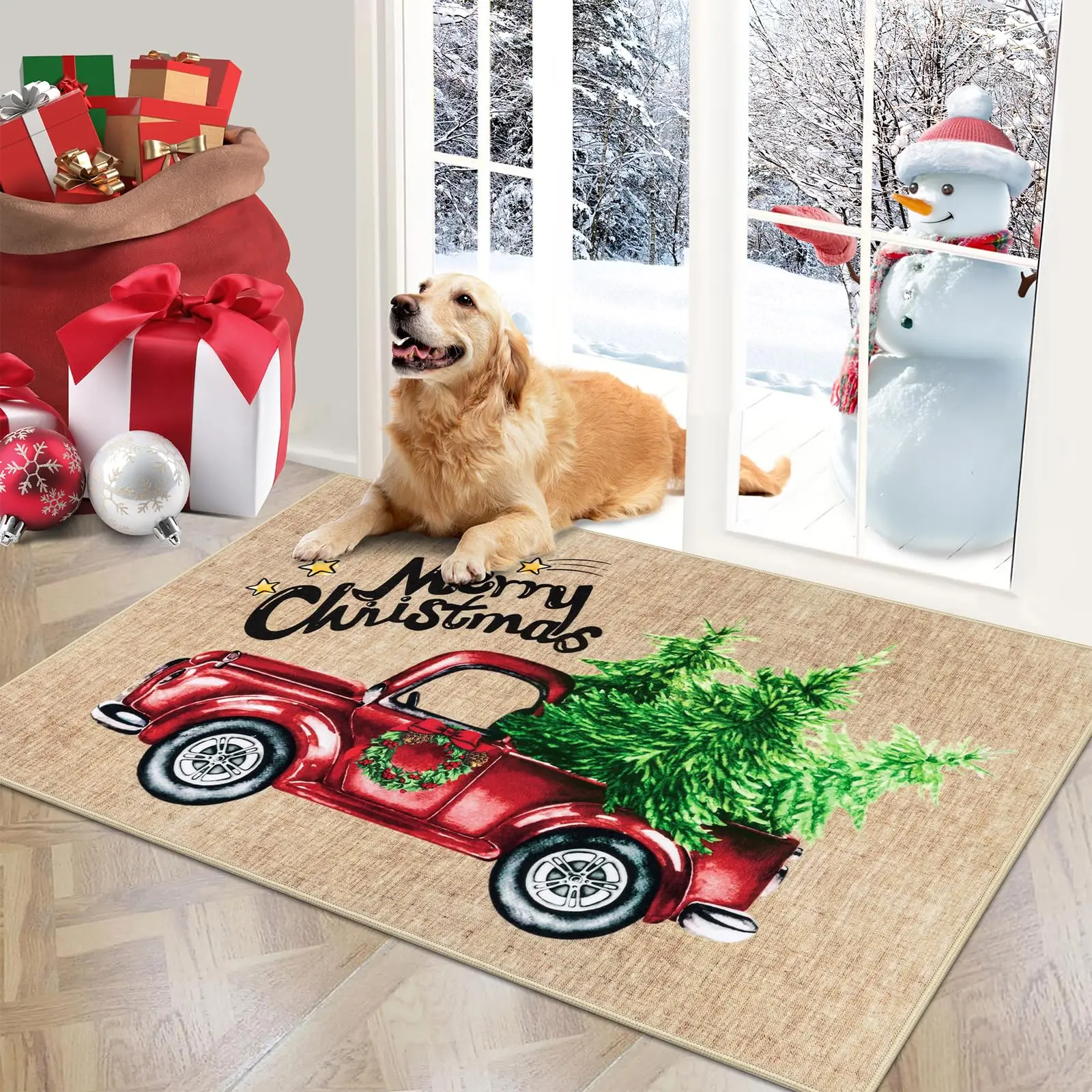 Winter Xmas Area Carpet Soft Flannel Anti‑Slip Floor Rug Festive Snow Pattern Doormat for Indoor Bedroom Entrance Decor