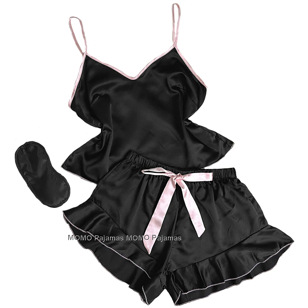 

Women Silk Ruffle Pajamas Camisole Shorts Set Sexy Lingerie Satin Sleepwear Soft Sleep Pjs Two Piece Nightwear Gift Black Pink