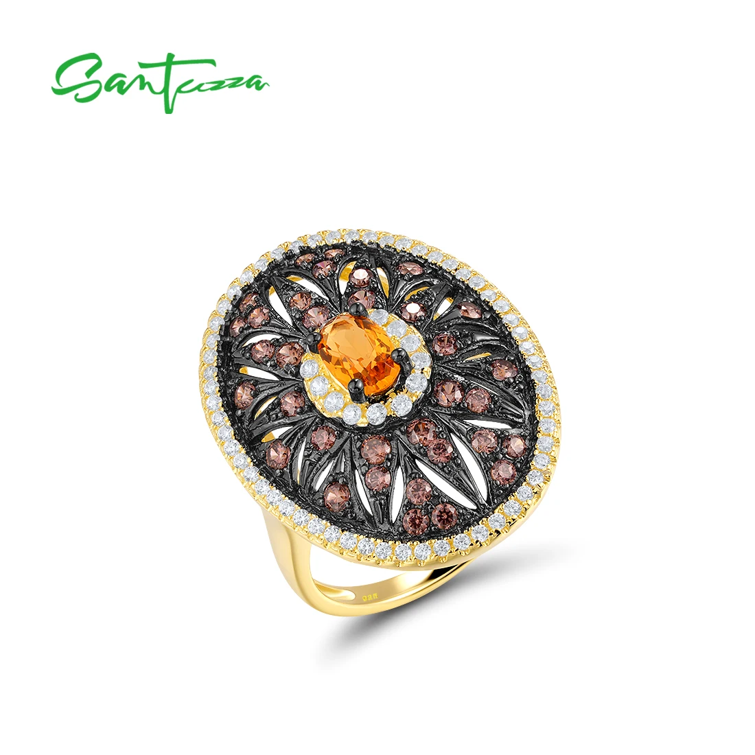 

SANTUZZA Authentic 925 Sterling Silver Rings For Women Sparkling Chocolate CZ Flower Oval Fashion Party Gifts Fine Jewelry