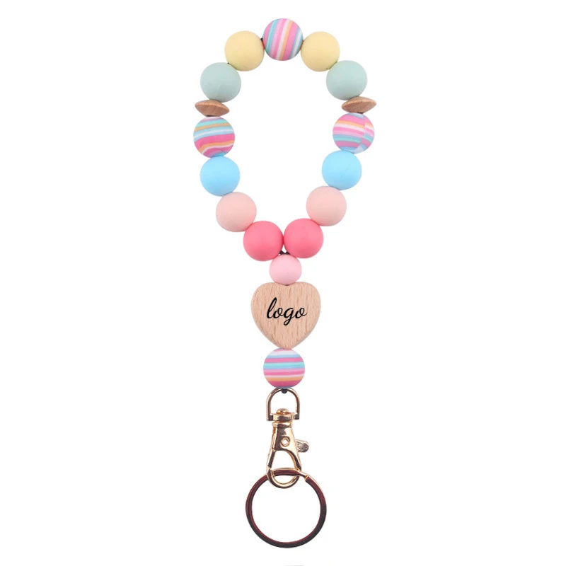 Porte-clés de Poignet en Bois de Silicone avec Nom Personnalisé Pendentif Gravé au Laser, Bracelet en Perles de Cœur en Bois de Hêtre