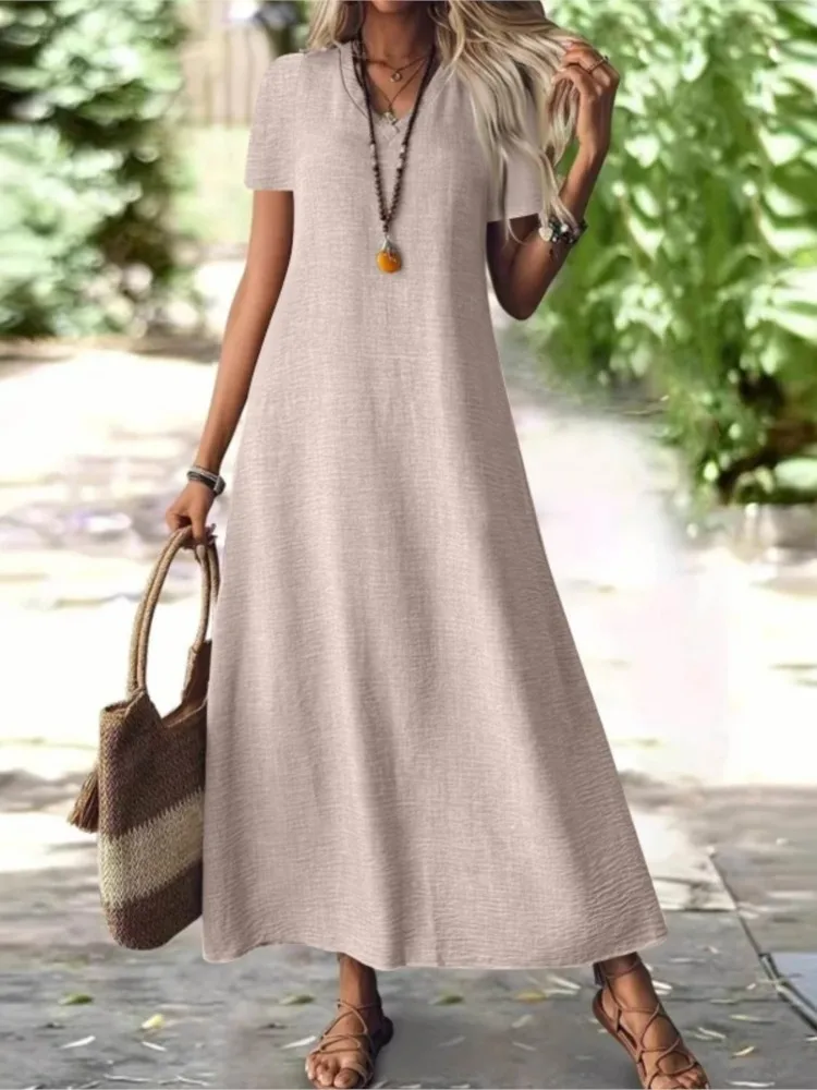 

Solid Color Fashion Slim Long Dress 2026 Spring New V-neck Dress Back Zipper Short-sleeved Dress Elegant Commuter Long Dress