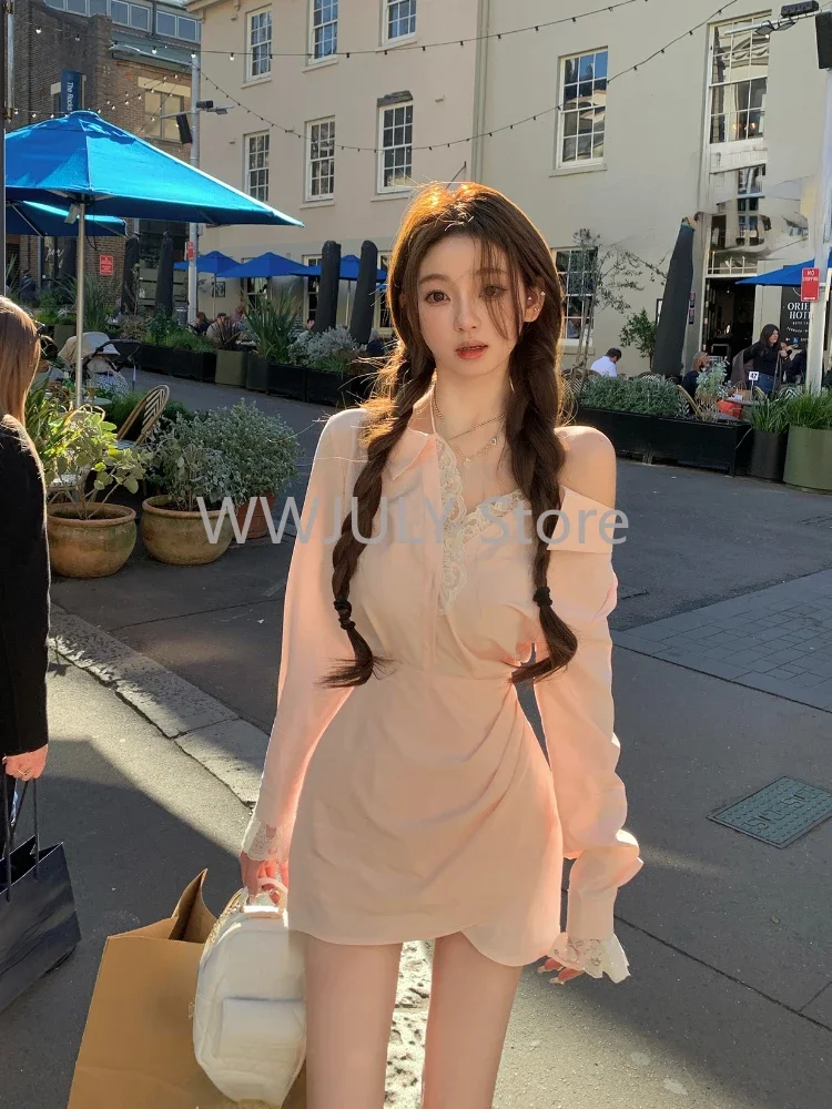 2024 Woman Solid Patchwork Lace Shirt Dress Elegant Long Sleeve Y2k Mini Dress 90s Party Club Korean Fashion Dress Female