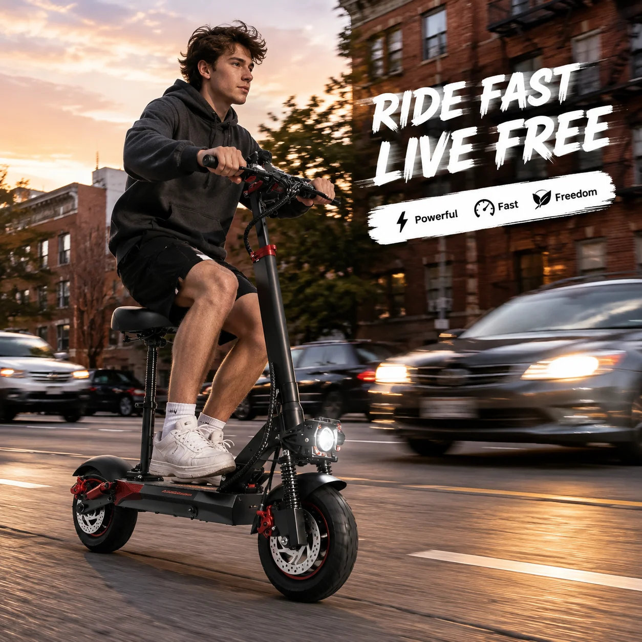 Freeboy J01 Adults Electric Scooter 10 inch Tires 1200W Strong Motor 48V15.6Ah Lithium Battery Full Suspension Disc Brake Key Lock Removable Seat Height Adjustable Foldable Scooter for Teenager Woman