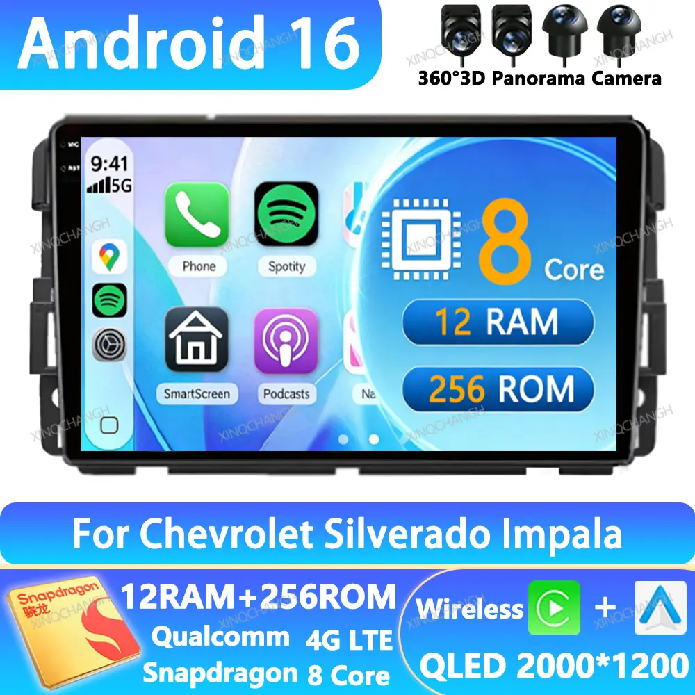 Radio para Auto Android 16 para Chevrolet Silverado, Impala, GMC Yukon, Acadia, Sierra, Unidad Principal Qualcomm, 4G LTE, 5G WIFI, GPS, 2DIN, QLED, BT