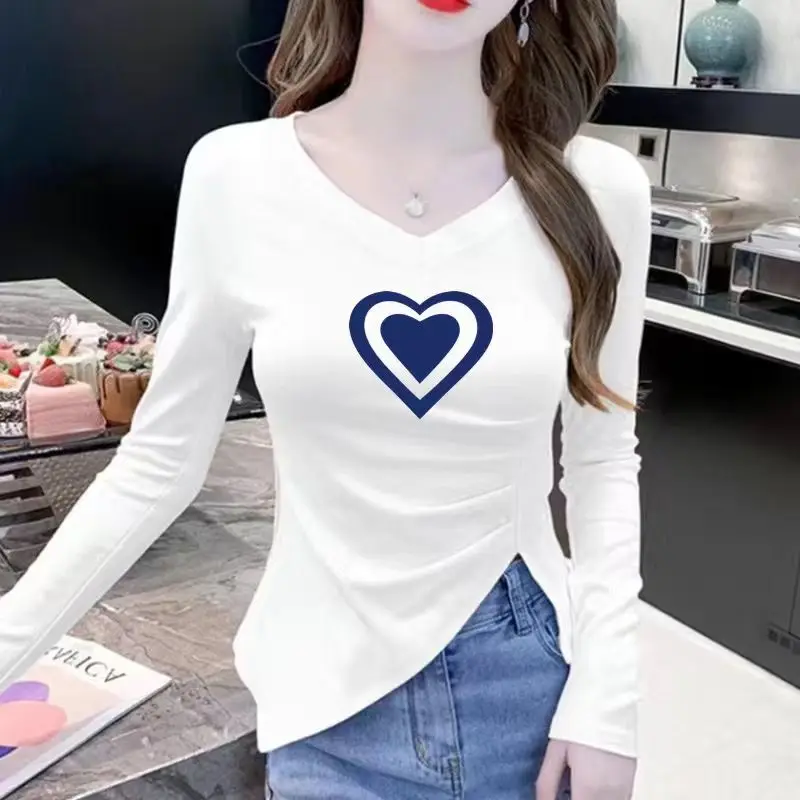 

Korean Clothing Women Simple Long Sleeve T-shirt Spring Autumn New Love Print V-neck All-match Fashion Slim Irregular Casual Top