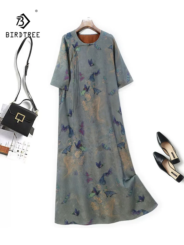 

BirdTree, 32MM Silk Watered Gauze Elegant Dresses, Women O Neck Butterfly Printed, Retro Commute Dress, 2024 Summer New D45080QC