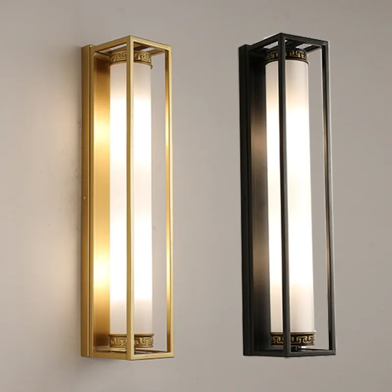 

New Chinese Rectangular Iron Glass Wall Lamp Minimalist Bedroom Living Room Background Wall Corridor Decoration Lighting Fixture