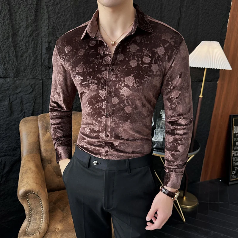 

Korean Autumn Winter Velvet Shirt for Men Long Sleeve Slim Casual Shirts Office Social Social Party Tuxedo Blouse Men Clothing