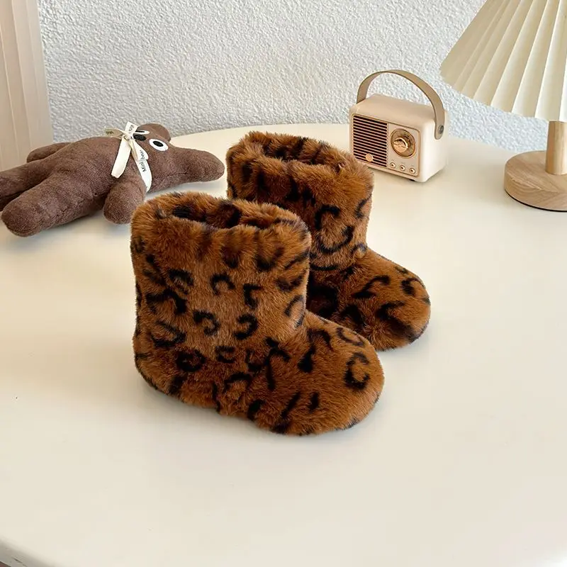 Leopard Pattern Girls Fashion Boots Winter Faux Fur Slip On Kids Boots Soft Plush Warm Non Slip Toddler Children Ankle Shoes