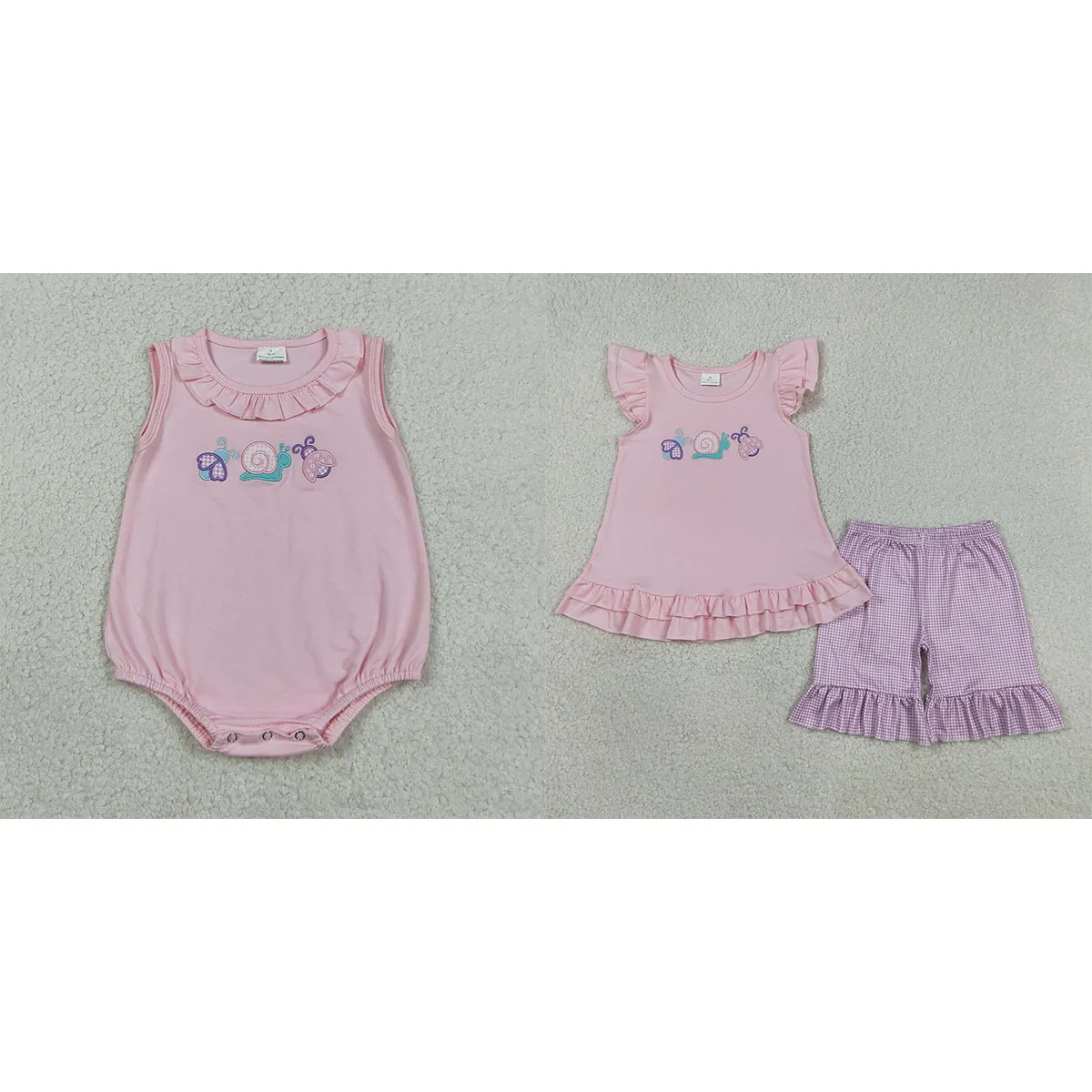 Hot Sale Embroidery Ladybirds Snails Baby Girls Tunic Ruffle Shorts Kids Sibling Infant Rompers Girls Outfits Children Clothing