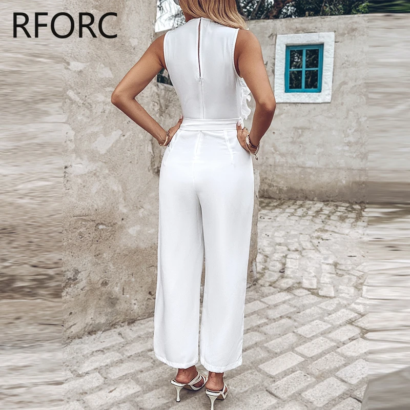 2024 Women Solid Tank Three Dimensional Decoration Lace Up Formal White Jumpsuits