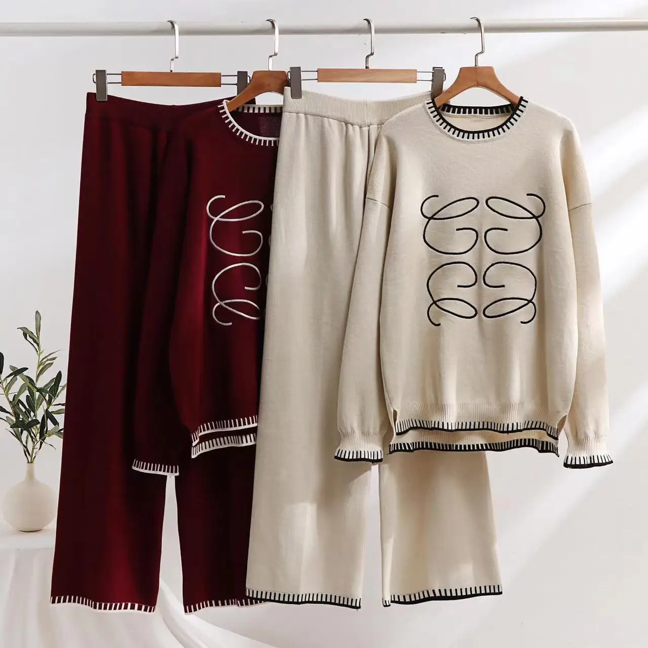 Autumn Winter Tracksuit Embroidery Knitted 2 Pieces Sweater Sets Wool Pullover Tops Elastic High Waist Wide-legged Pants Suits