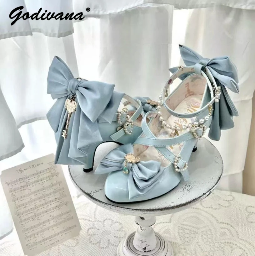 

Туфли-лодочки на высоком каблуке с жемчужным кулоном и бантом из атласа в стиле Лолита для невесты, с острым носком, для женщин