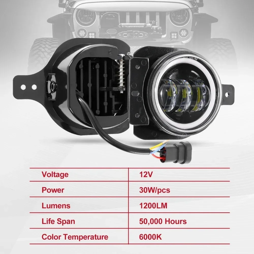 60W LED Front Fog Lights DRL with Wire Harness & Mounting Bracket With Halo Ring Angel Eyes for Jeep Wrangler JL 2018-2022