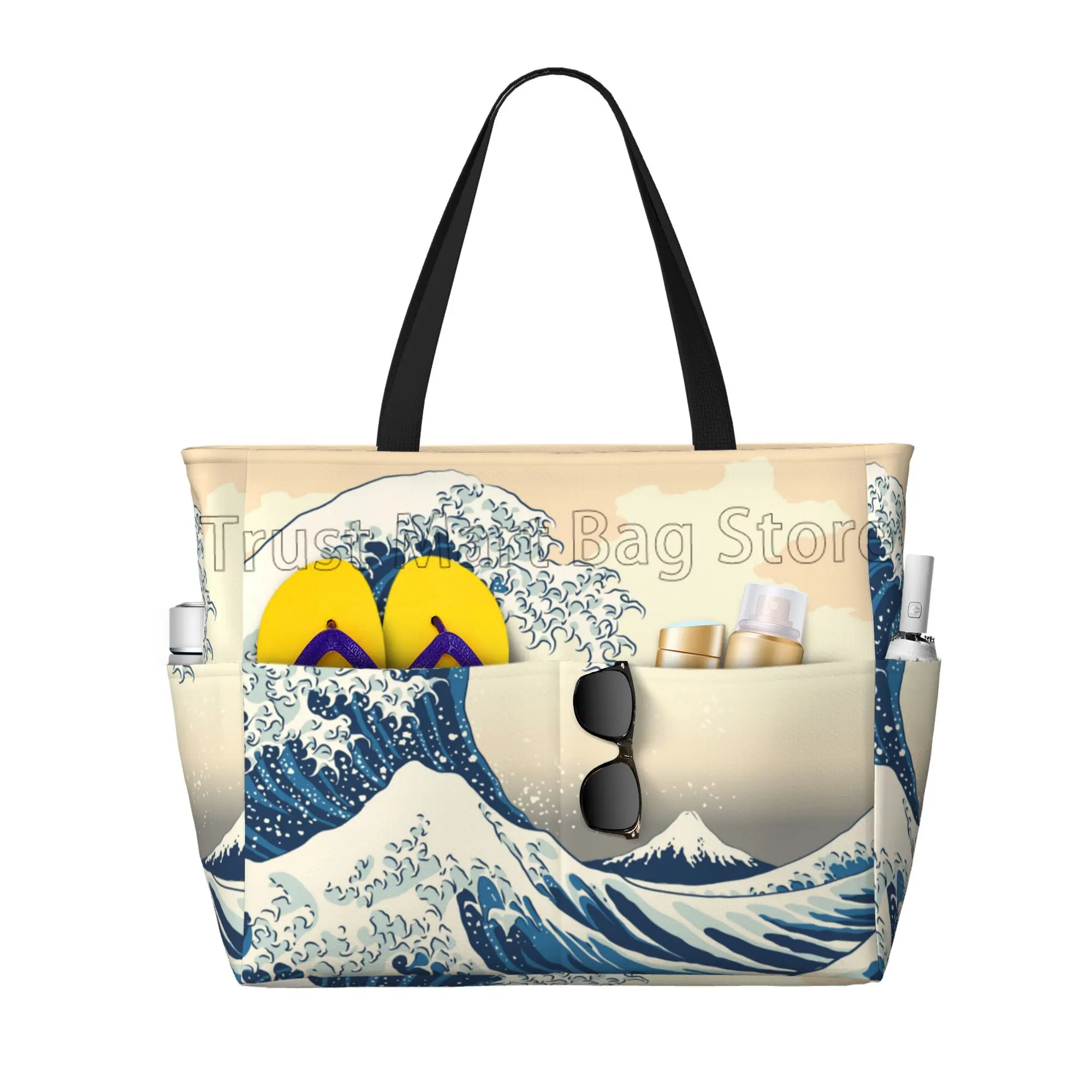 Japanes Sea Waves Large Capacity Beach Travel Bag Women Foldable Tote Bag Pool Bags for Travel Vacation Gym Swim