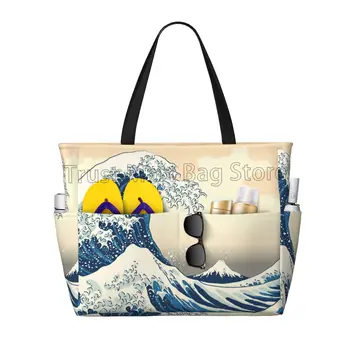 Japanische Meereswellen, große Kapazität, Strand-Reisetasche, Damen, faltbare Tragetasche, Pool-Taschen für Reisen, Urlaub, Fitnessstudio, Schwimmen