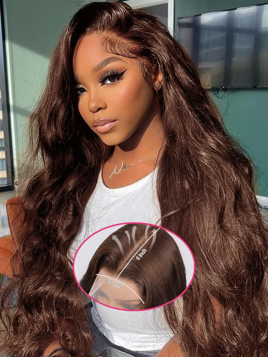 40 Inch & 200% Density HD Transparent Skin-melt Swiss Lace Frontal Wig #4 Chocolate Brown Body Wave Dark Brown Human Hair Wigs For Women