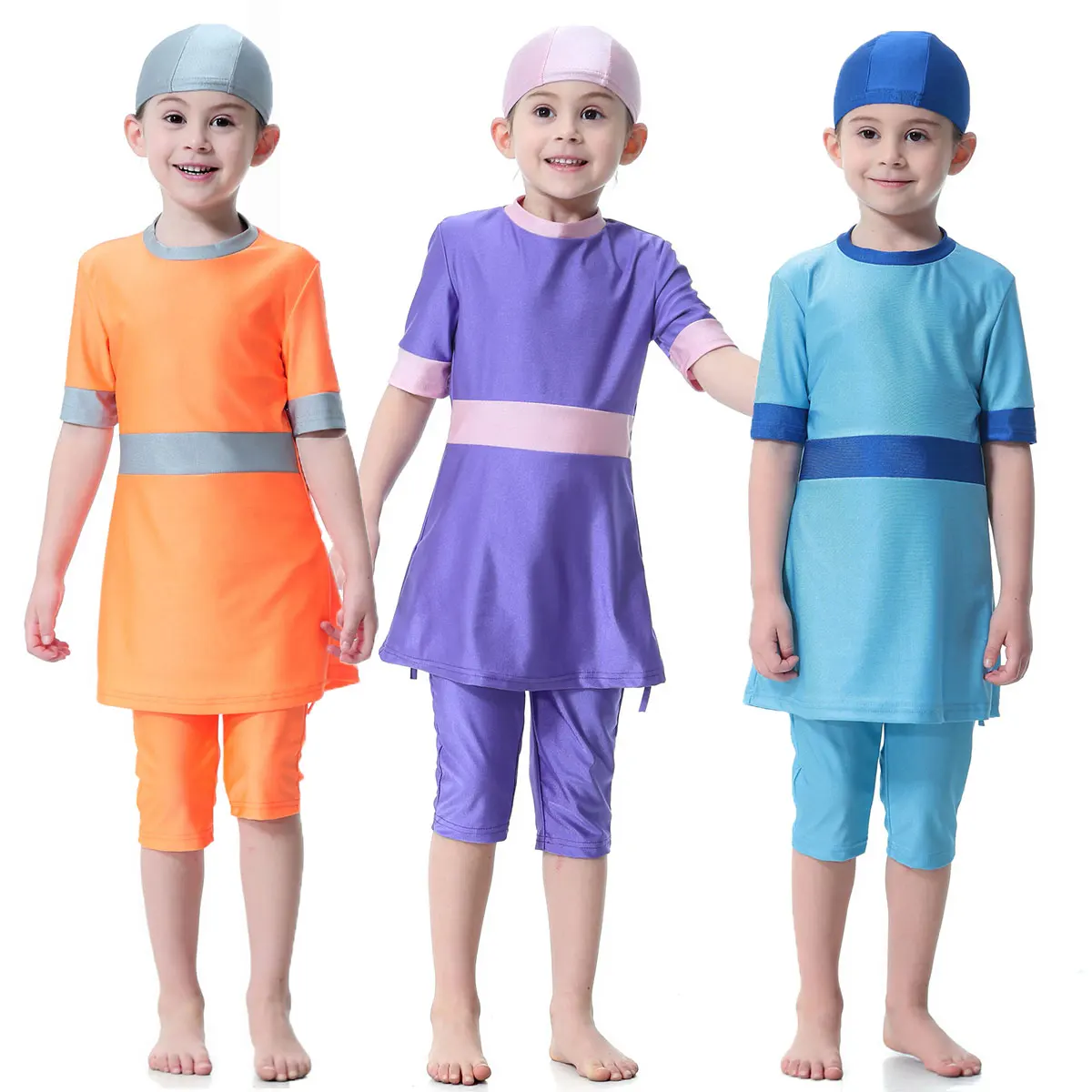 Short Sleeve Islamic Muslim Swimsuit for Girls Baby Child Teens Swimwear Burkini Patchwork Quick Dry Orange Blue Purple 3pcs/set