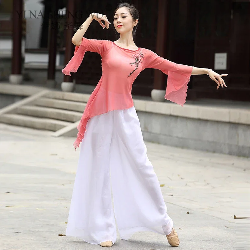 

Китайский классический танцевальный костюм с расклешенными рукавами, сексуальный топ для выступлений, женская одежда для традиционного танца, рубашка для народного танца, сценического шоу