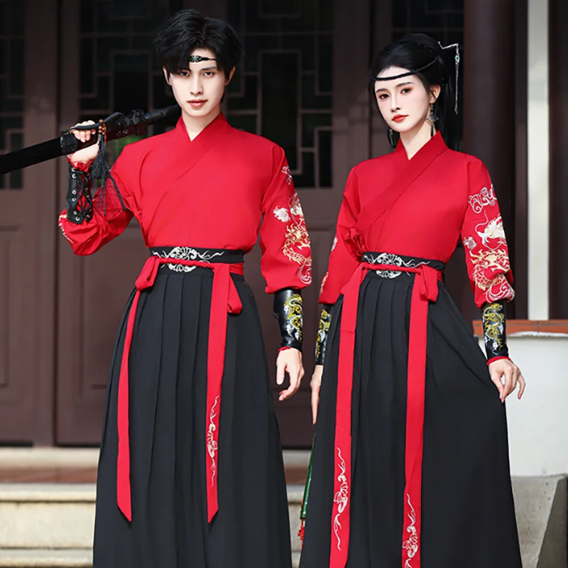 

Oversized Chinese Hanfu Men Traditional Embroidery Red&Black Hanfu Couples Carnival Cosplay Costume For Women Plus Size 5XL