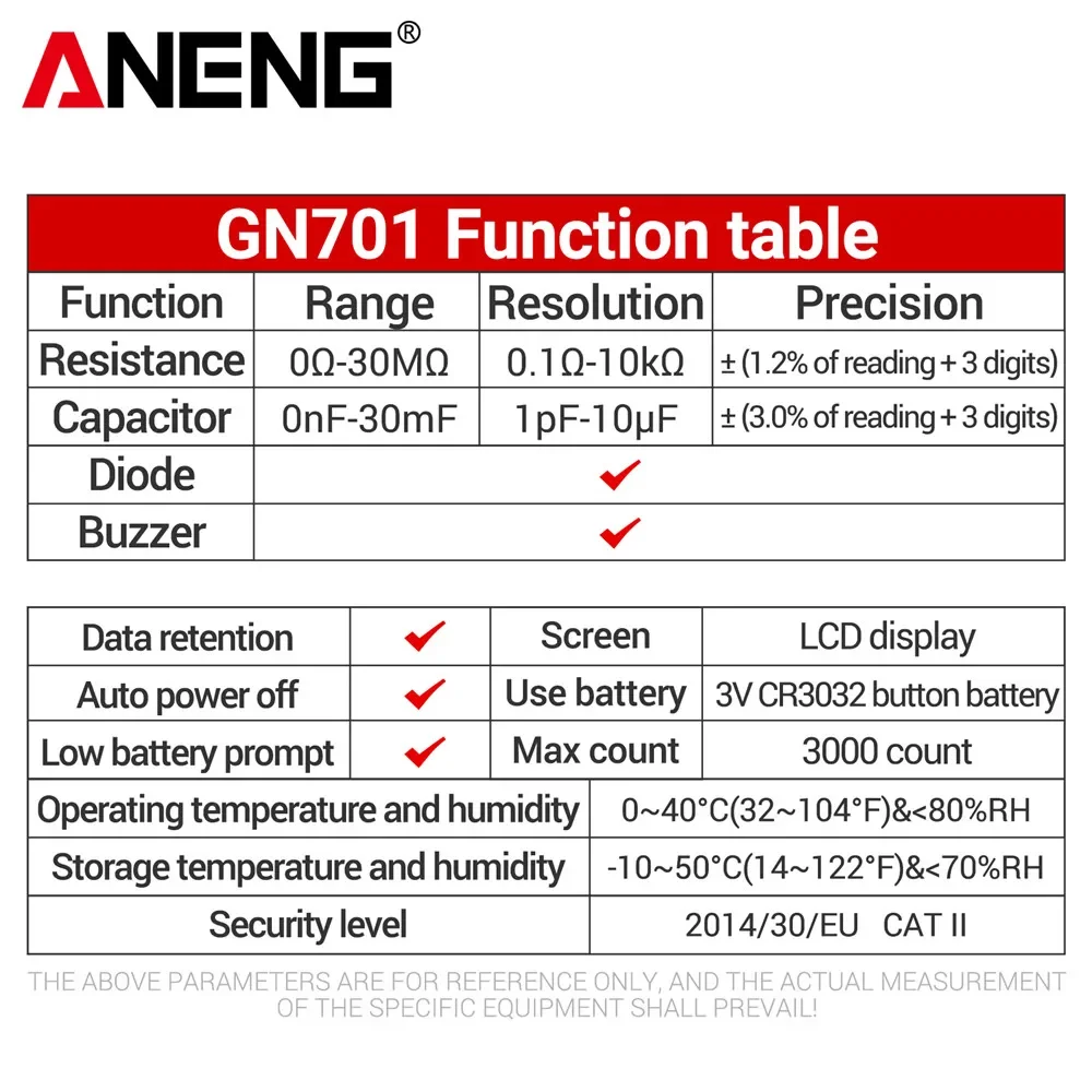 ANENG GN701 Digital Resistance Capacitance Tester 3000 Counts 0-30MΩ 0-30mF Diode Continuity Buzzer LCD Display Measuring Tool
