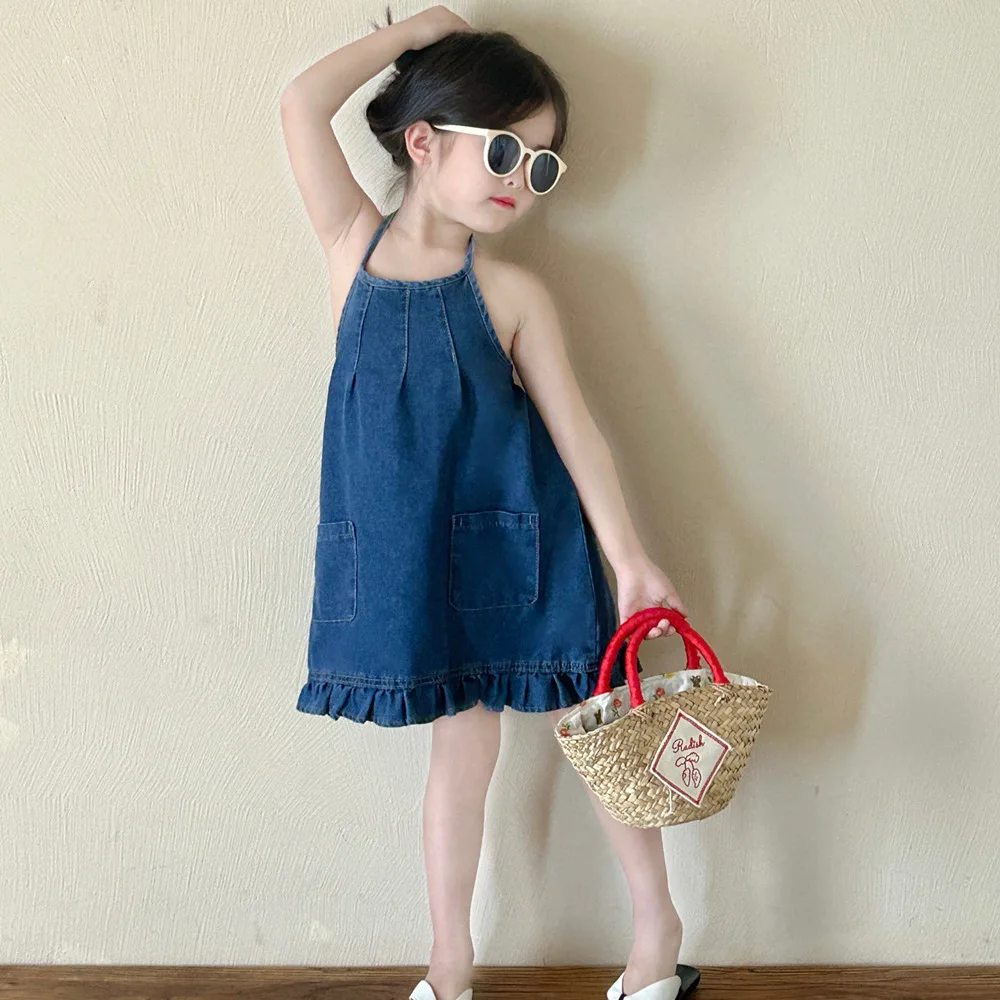 Baby Girls Skirt 2024 Summer New Girls Western Style Strapless Denim Dress Children Korean Version Skirt Baby Fashion Slip Dress