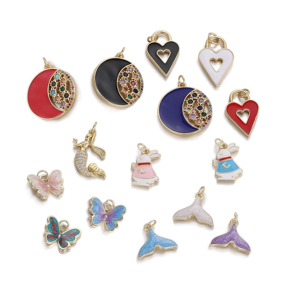 

2 Pieces Brass Zircon Enamel Pendant DIY Jewelry Making Mermaid Heart Moon Rabbit Butterfly Fishtail Hollow Necklace Accessories