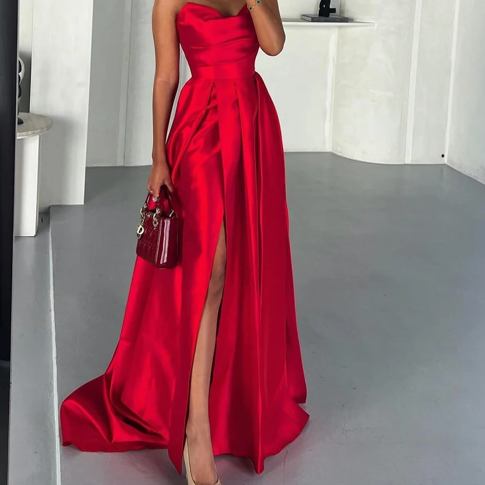 Classic Red Satin V-Ncek Evening Dress Sweep Train Pleats Sleeveless Floor Length Straight Custom Size Vestido De Festa 2024