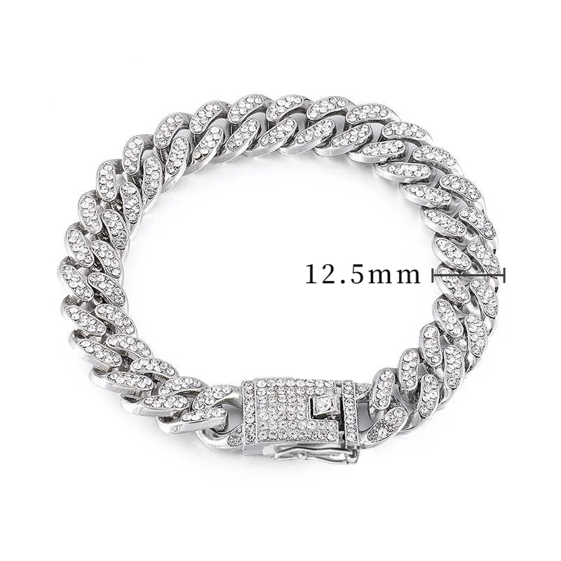 Dog Collar Chain Harness French Bulldog Metal with Diamond 12.5mm Width Cat Collars for Dogs  Accessories Pet