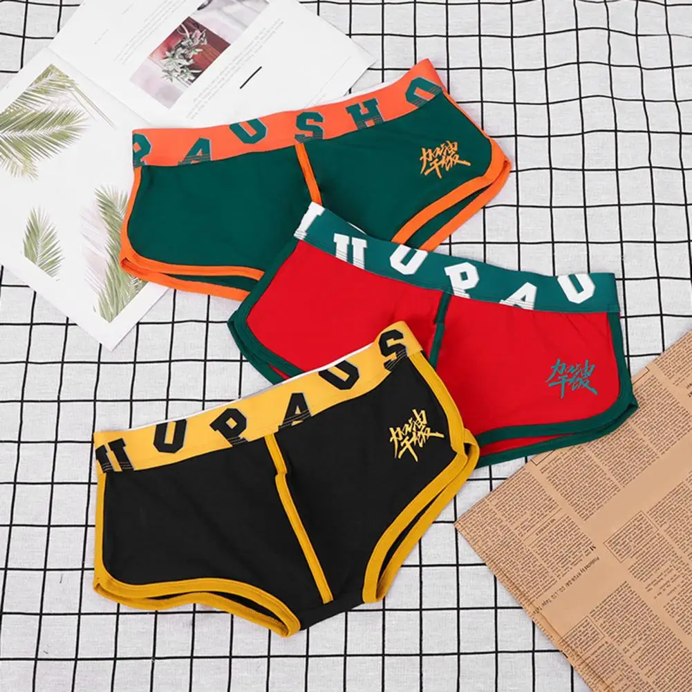 Boxer Men Underwear Mid-rise Elastic Waistline Letter Print Men Panties Patchwork Color U Convex Shorts Briefs трусы мужские