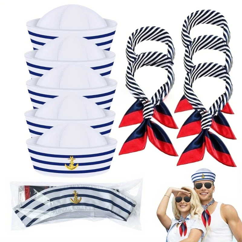 1/5 Sets Yacht-Seemannmütze und gestreifter Schal, bestickter Anker, marineblaues Mütze-Set, Urlaubsstil-Accessoire für Kostümparty-Verkleidung