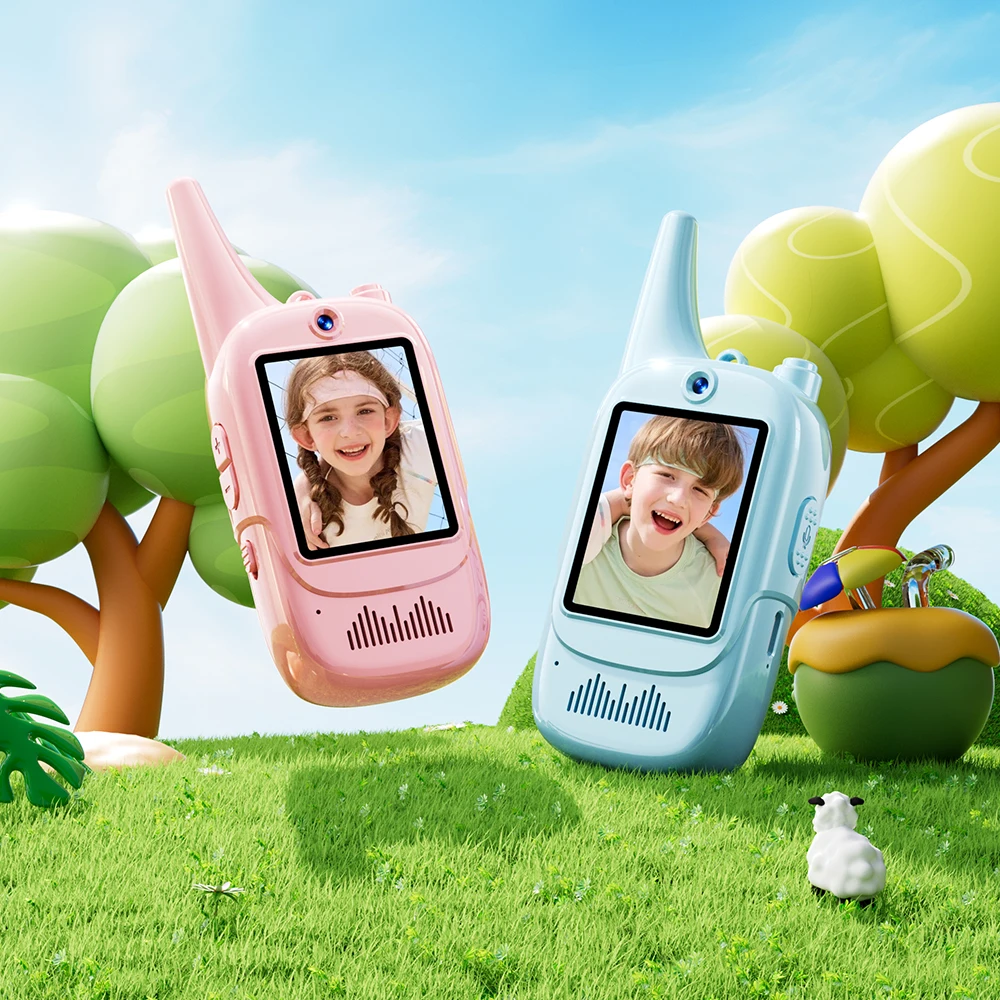 Conjunto de 2 Peças de Walkie-Talkie com Tela de Vídeo para Crianças, Brinquedo Recarregável para Crianças, com Câmera de Alta Definição e Função de Mudança de Som