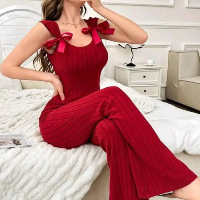 2pcs Set Sleeveless Top and Long Pants Pajama Set Comfortable Fashion Slim Fit Women Loungewear Set with Bow Decor