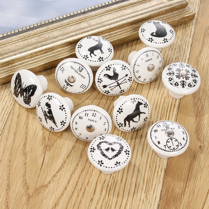 White Print Ceramic Door Knobs And Handles Furniture Drawer Knobs Cupboard Door Handles Single Hole Cabinet Handles With Screws