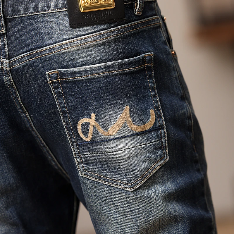 Newly Designer Fashion Men Jeans High Quality Retro Blue Stretch Slim Fit Vintage Jeans Men Embroidery Casual Denim Pants Hombre