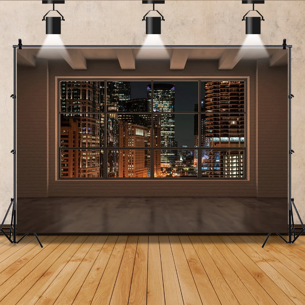 Laeacco Night Window City View Business Photo Backdrop Skyscraper Business Office Room Adults Portrait Photograohy Background