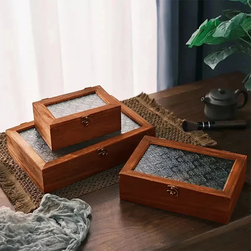 S/M/L Flower Glass Storage Box Vintage Solid Wood Storage Cabinet Desktop Sorting Flipping Wooden BOX Makeup Table Decoration