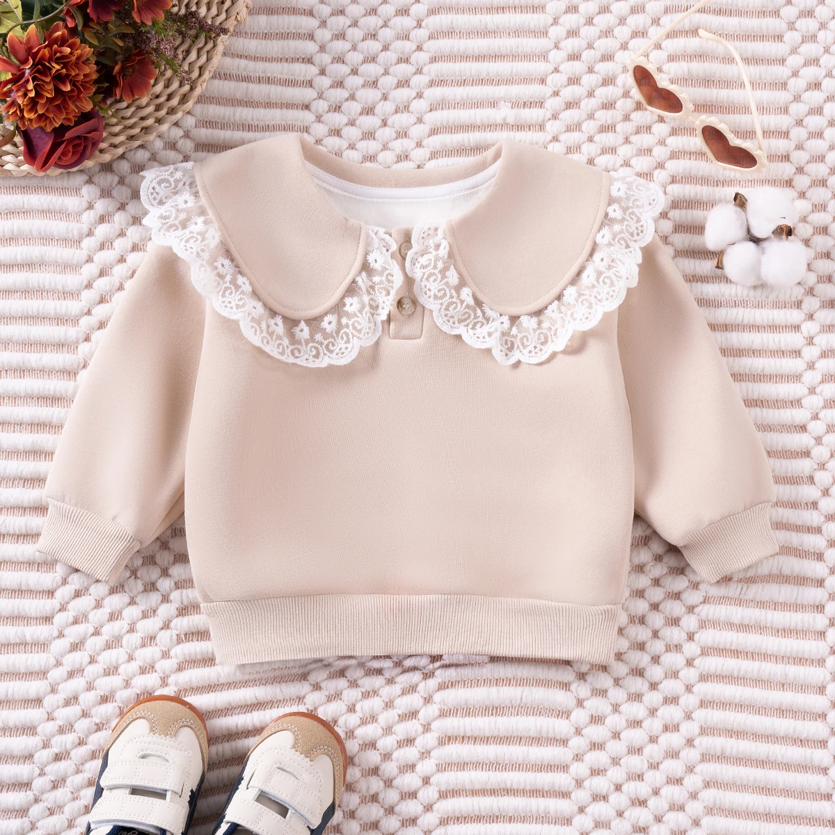 Baby Girl Sweatshirt Autumn Winter Lace Collar Long-sleeved Top Baby Pullover Toddler Version Comfort Solid Color Leisure